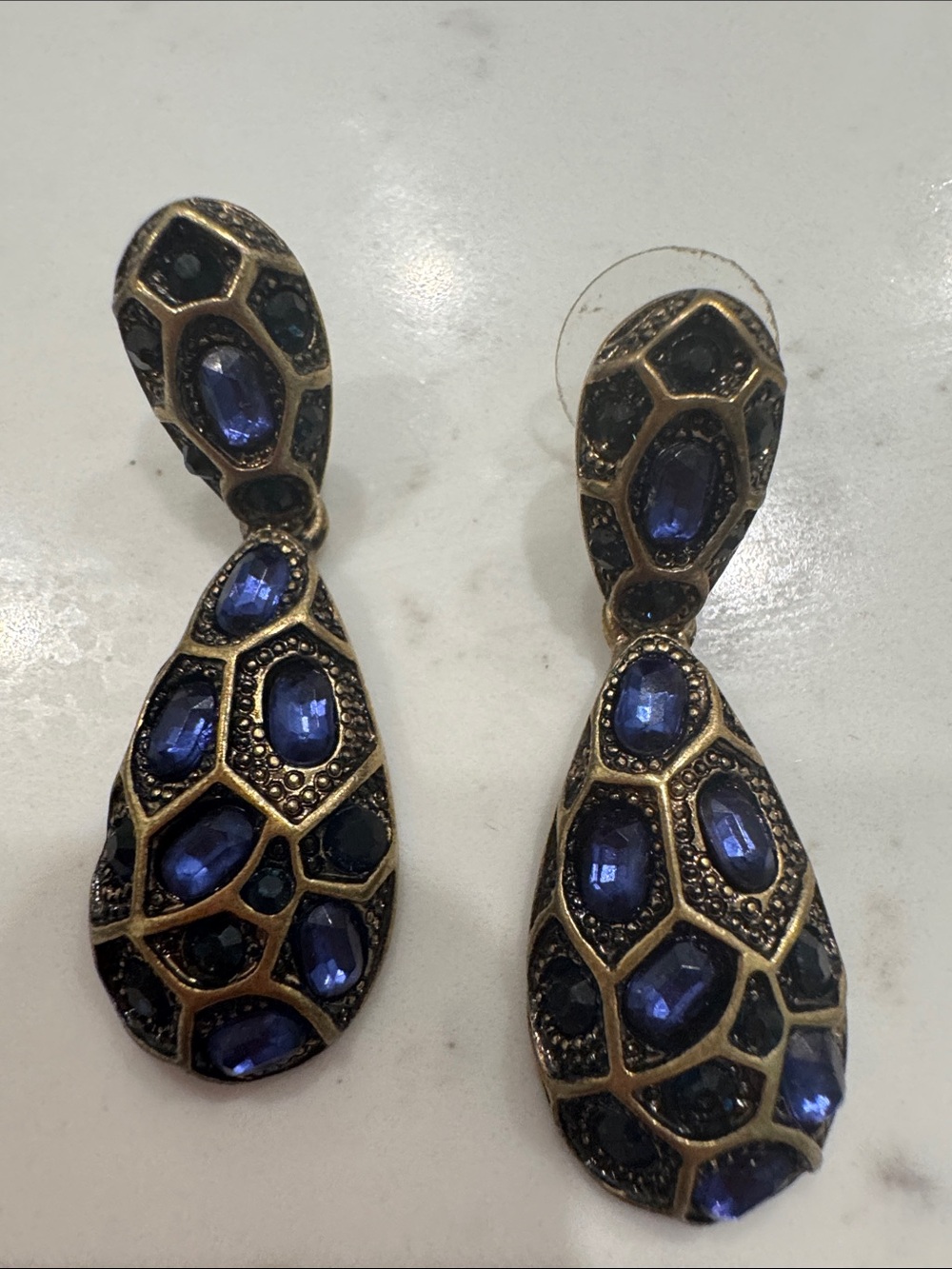 Vintage-Inspired Gold Tone Drop Earrings with Blue Stones